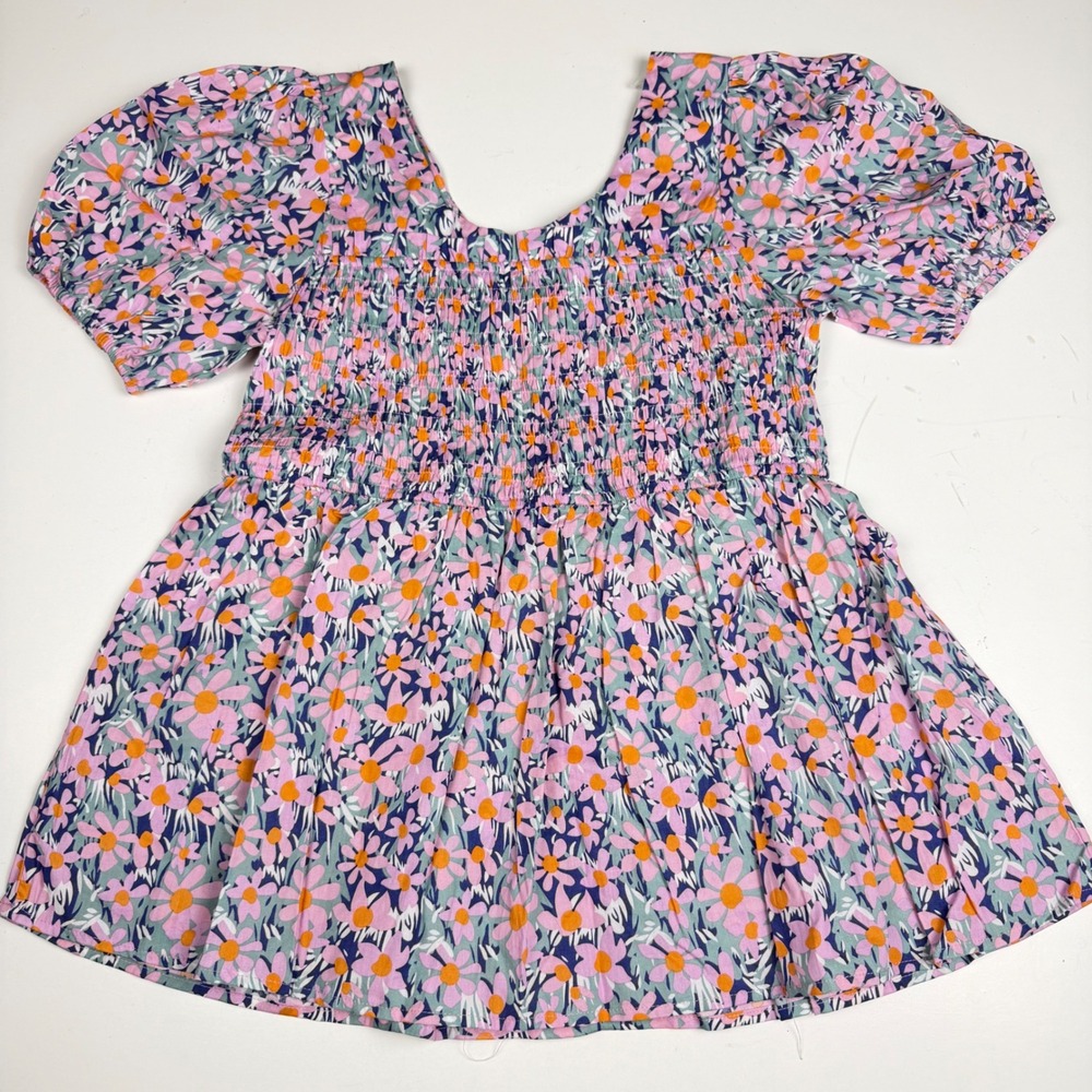 AnnieWear Los Angeles Floral Smocked Puff Sleeve Babydoll Top Pink Orange Large